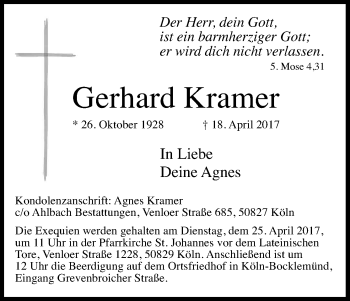 Anzeige von Gerhard Kramer von Kölner Stadt-Anzeiger / Kölnische Rundschau / Express