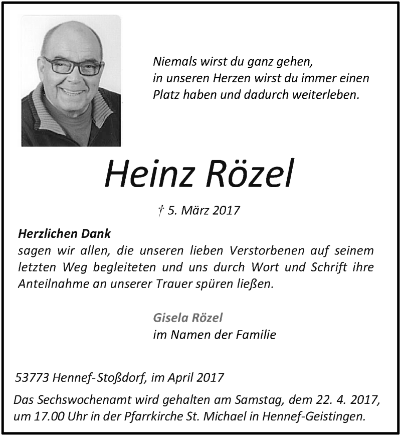 Traueranzeige für Heinz Rözel vom 12.04.2017 aus  Extra Blatt 