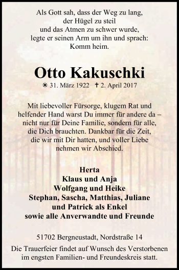 Anzeige von Otto Kakuschki von Kölner Stadt-Anzeiger / Kölnische Rundschau / Express