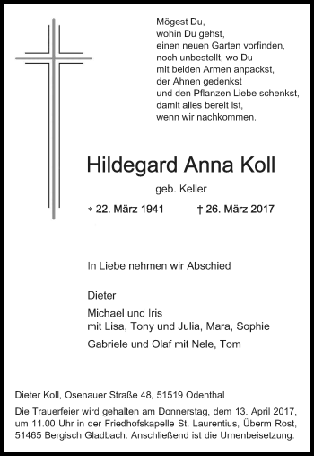 Anzeige von Hildegard Anna Koll von Kölner Stadt-Anzeiger / Kölnische Rundschau / Express