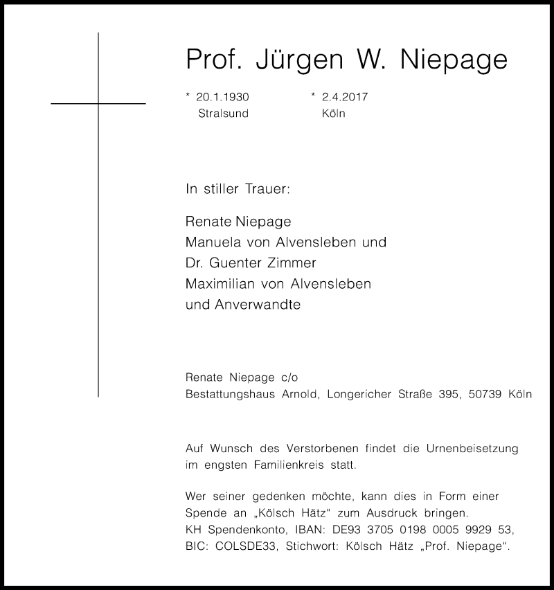  Traueranzeige für Jürgen  Niepage vom 08.04.2017 aus Kölner Stadt-Anzeiger / Kölnische Rundschau / Express