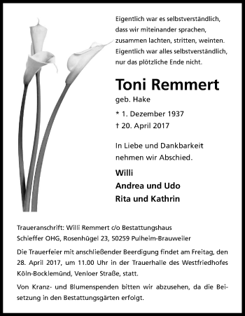 Anzeige von Toni Remmert von Kölner Stadt-Anzeiger / Kölnische Rundschau / Express