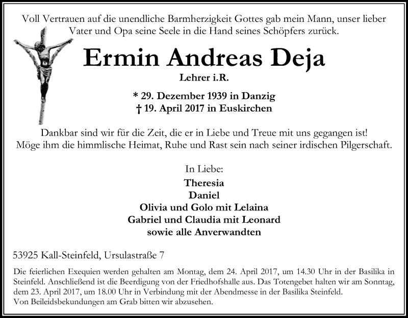  Traueranzeige für Ermin Andreas Deja vom 21.04.2017 aus Kölner Stadt-Anzeiger / Kölnische Rundschau / Express