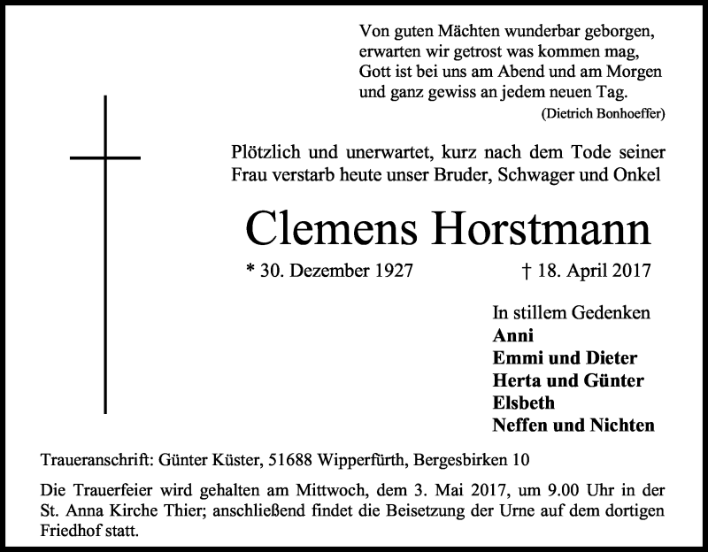  Traueranzeige für Clemens Horstmann vom 25.04.2017 aus Kölner Stadt-Anzeiger / Kölnische Rundschau / Express