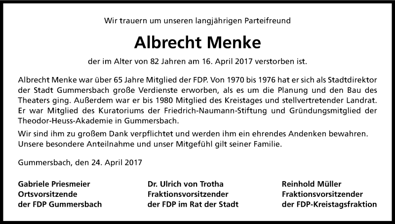  Traueranzeige für Albrecht Menke vom 26.04.2017 aus Kölner Stadt-Anzeiger / Kölnische Rundschau / Express