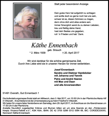 Anzeige von Käthe Ennenbach von Kölner Stadt-Anzeiger / Kölnische Rundschau / Express