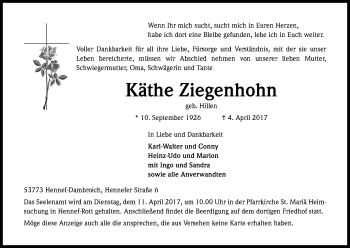 Anzeige von Käthe Ziegenhohn von Kölner Stadt-Anzeiger / Kölnische Rundschau / Express