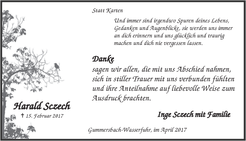  Traueranzeige für Harald Sczech vom 26.04.2017 aus  Anzeigen Echo 