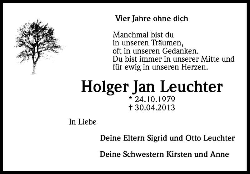  Traueranzeige für Holger Jan Leuchter vom 29.04.2017 aus Kölner Stadt-Anzeiger / Kölnische Rundschau / Express