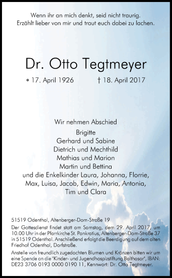 Anzeige von Otto  Tegtmeyer von Kölner Stadt-Anzeiger / Kölnische Rundschau / Express