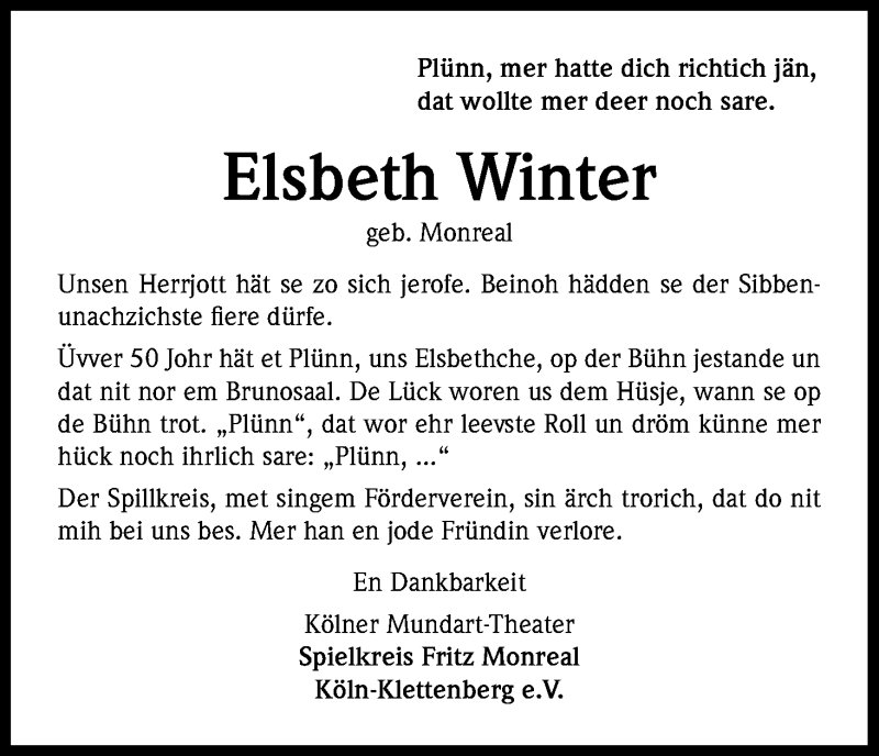  Traueranzeige für Elsbeth Winter vom 29.04.2017 aus Kölner Stadt-Anzeiger / Kölnische Rundschau / Express