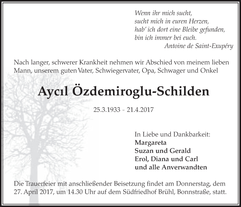  Traueranzeige für Aycil Özdemiroglu-Schilden vom 26.04.2017 aus  Schlossbote/Werbekurier 
