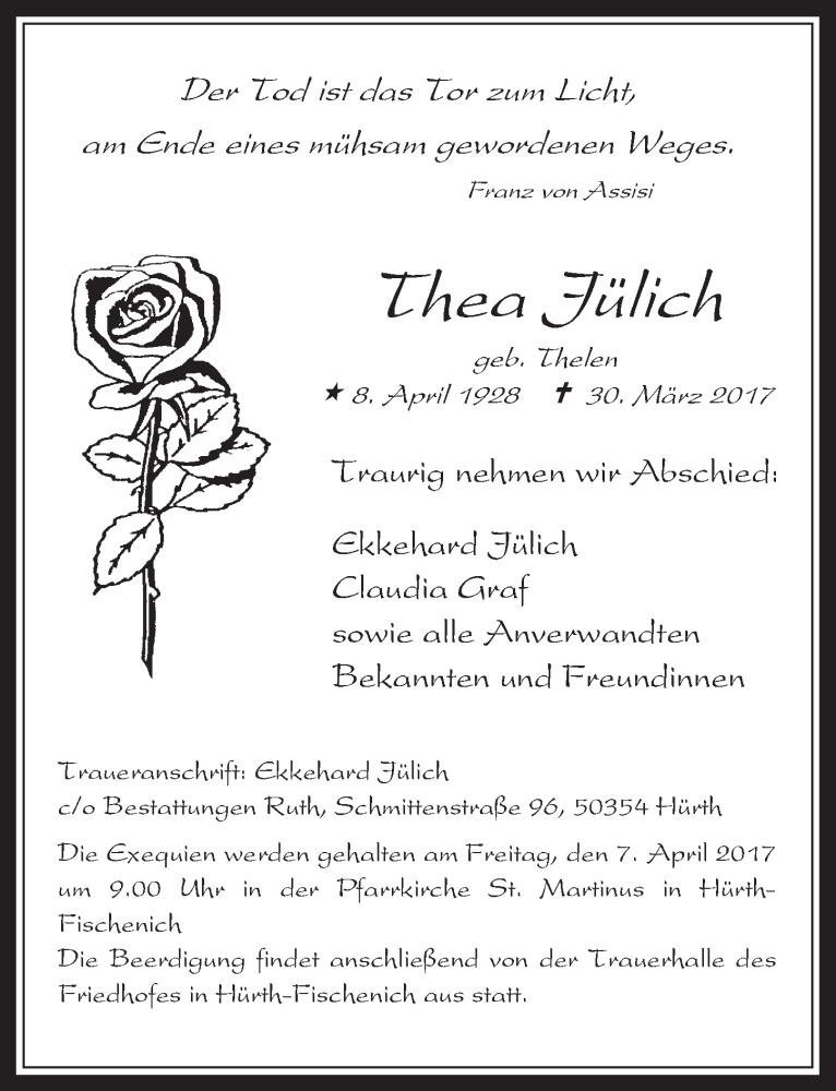  Traueranzeige für Thea Jülich vom 05.04.2017 aus  Wochenende 