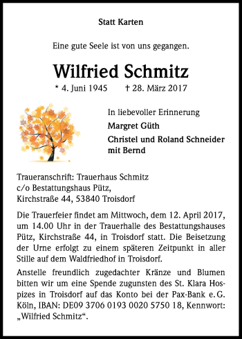 Anzeige von Wilfried Schmitz von Kölner Stadt-Anzeiger / Kölnische Rundschau / Express
