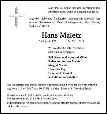 Anzeige von Hans Maletz von Kölner Stadt-Anzeiger / Kölnische Rundschau / Express