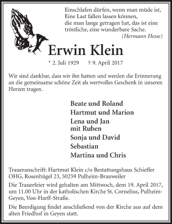 Anzeige von Erwin Klein von  Sonntags-Post 