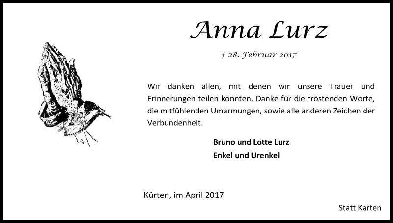  Traueranzeige für Anna Lurz vom 01.04.2017 aus Kölner Stadt-Anzeiger / Kölnische Rundschau / Express