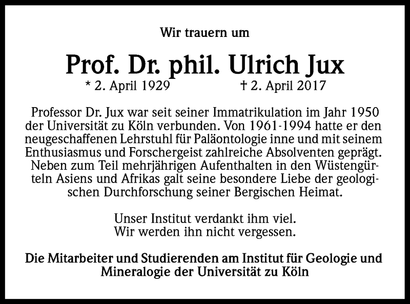  Traueranzeige für Ulrich  Jux vom 08.04.2017 aus Kölner Stadt-Anzeiger / Kölnische Rundschau / Express