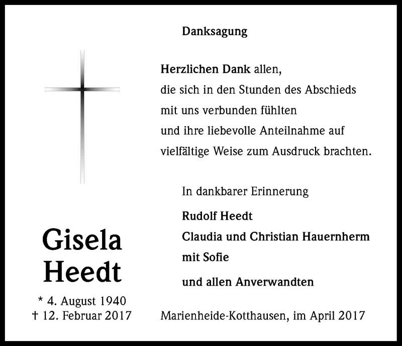 Traueranzeige für Gisela Heedt vom 01.04.2017 aus Kölner Stadt-Anzeiger / Kölnische Rundschau / Express
