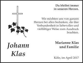 Anzeige von Johann Klas von  Kölner Wochenspiegel 