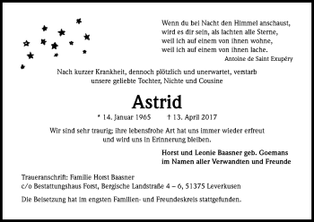 Anzeige von Astrid  von Kölner Stadt-Anzeiger / Kölnische Rundschau / Express