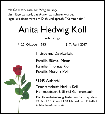 Anzeige von Anita Hedwig Koll von  Anzeigen Echo 