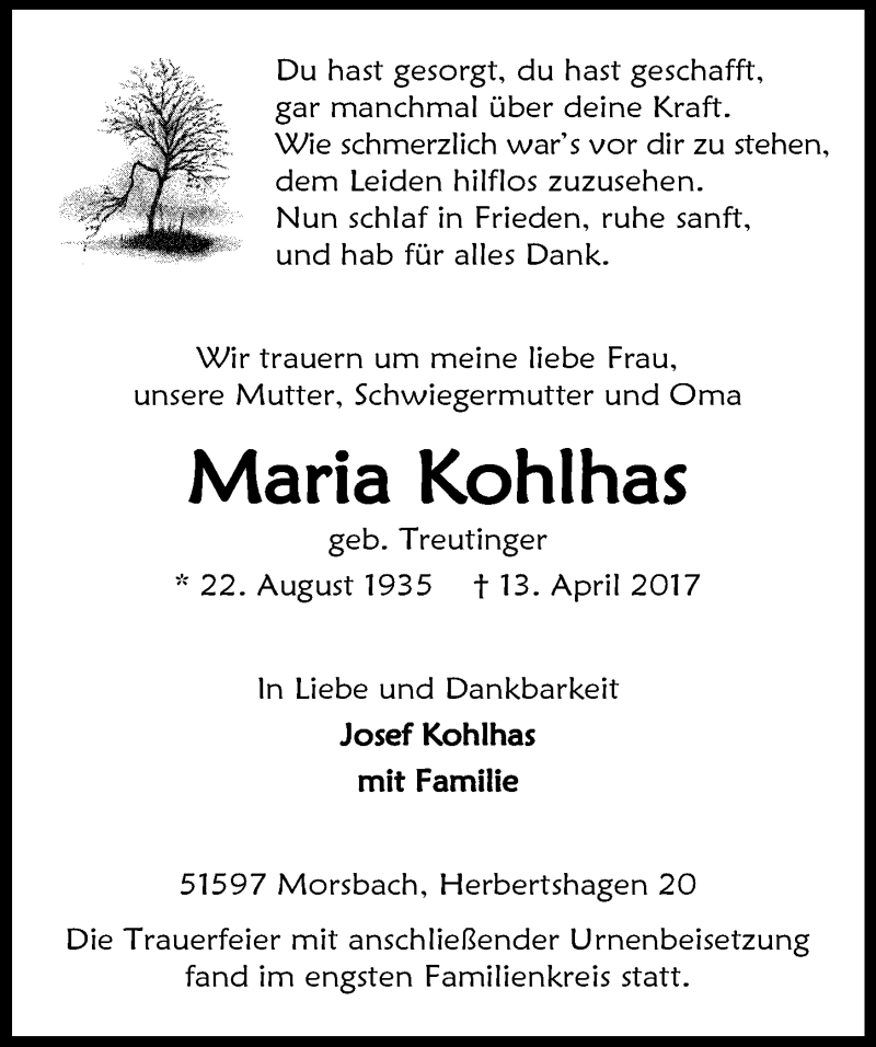  Traueranzeige für Maria Kohlhas vom 26.04.2017 aus  Lokalanzeiger 