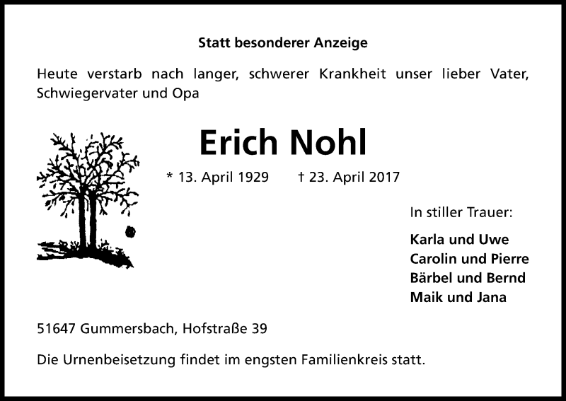  Traueranzeige für Erich Nohl vom 26.04.2017 aus Kölner Stadt-Anzeiger / Kölnische Rundschau / Express
