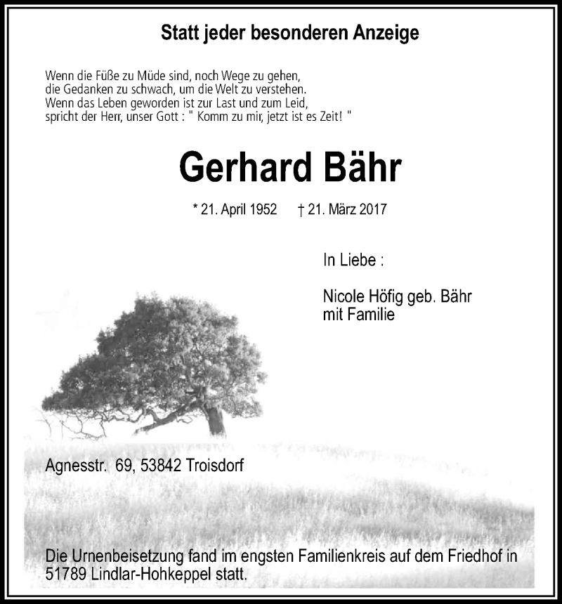  Traueranzeige für Gerhard Bähr vom 01.04.2017 aus Kölner Stadt-Anzeiger / Kölnische Rundschau / Express