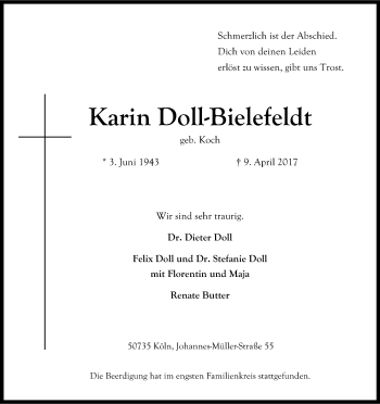 Anzeige von Karin Doll-Bielefeldt von Kölner Stadt-Anzeiger / Kölnische Rundschau / Express