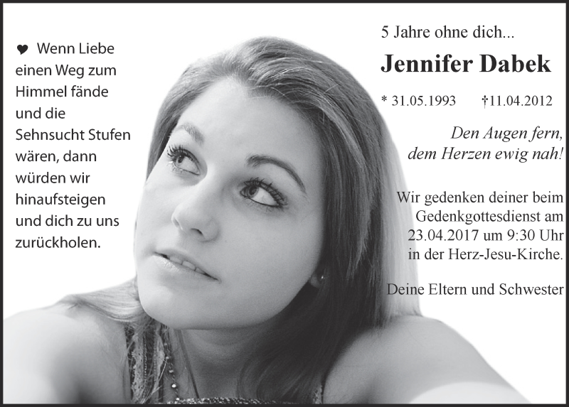  Traueranzeige für Jennifer Dabek vom 15.04.2017 aus  Blickpunkt Euskirchen 