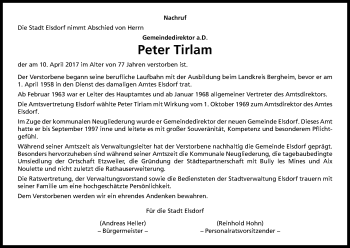 Anzeige von Peter Tirlam von Kölner Stadt-Anzeiger / Kölnische Rundschau / Express