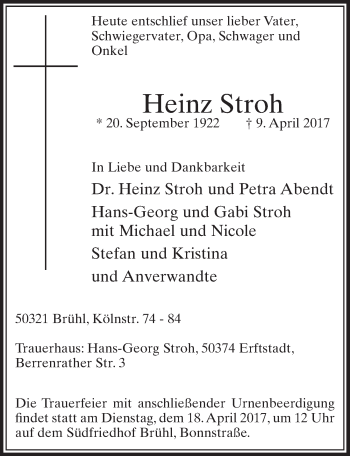 Anzeige von Heinz Stroh von  Schlossbote/Werbekurier 