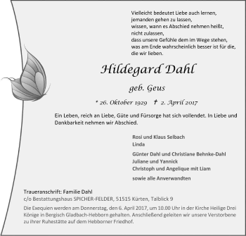 Anzeige von Hildegard Dahl von Kölner Stadt-Anzeiger / Kölnische Rundschau / Express