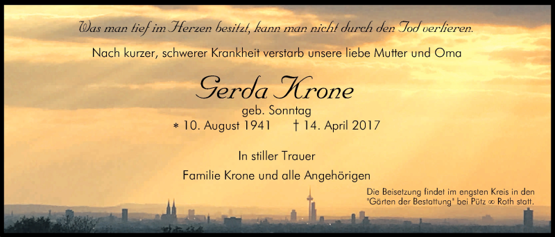  Traueranzeige für Gerda Krone vom 29.04.2017 aus Kölner Stadt-Anzeiger / Kölnische Rundschau / Express