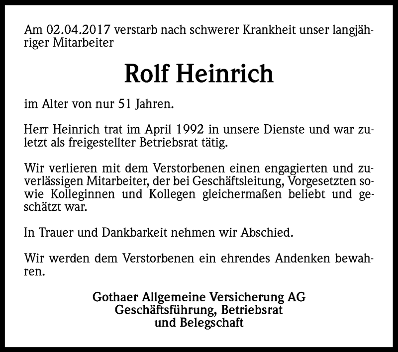  Traueranzeige für Rolf Heinrich vom 08.04.2017 aus Kölner Stadt-Anzeiger / Kölnische Rundschau / Express