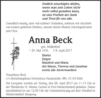 Anzeige von Anna Beck von  Kölner Wochenspiegel 