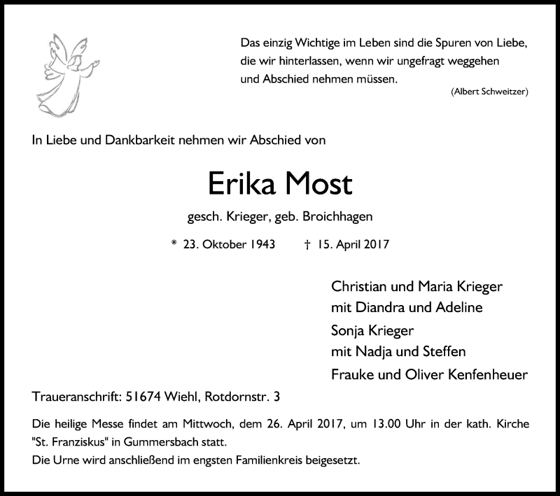  Traueranzeige für Erika Most vom 21.04.2017 aus Kölner Stadt-Anzeiger / Kölnische Rundschau / Express
