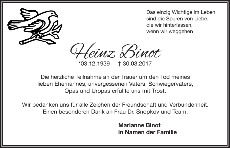 Traueranzeige für Heinz Binot vom 26.04.2017 aus  Lokalanzeiger 