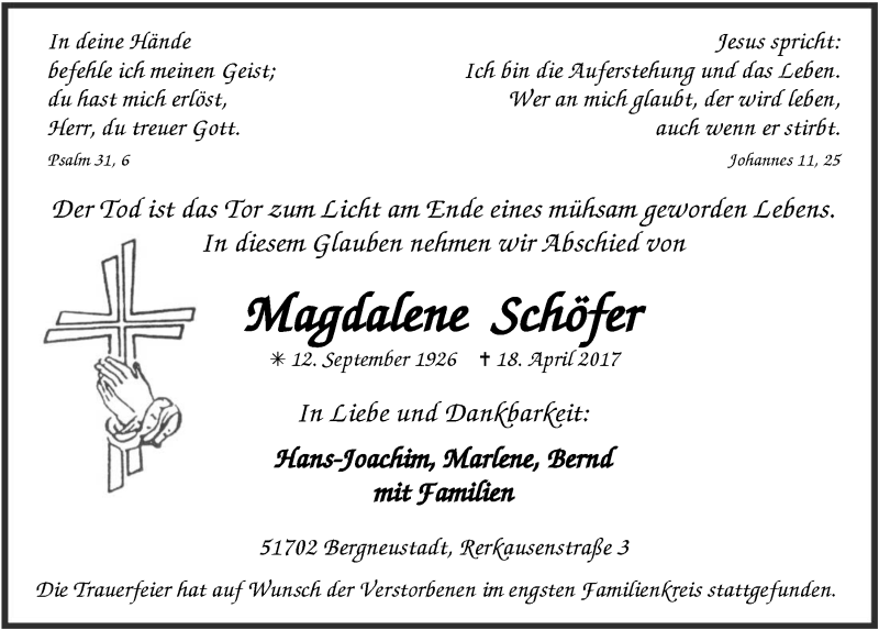  Traueranzeige für Magdalene Schöfer vom 26.04.2017 aus  Anzeigen Echo 