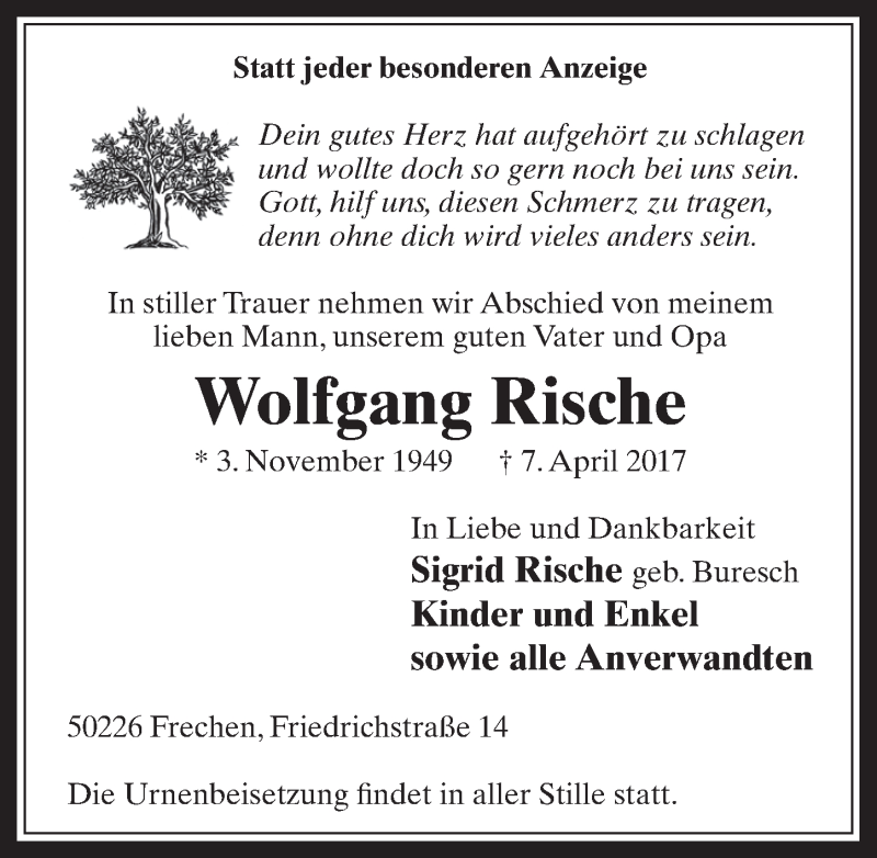  Traueranzeige für Wolfgang Rische vom 12.04.2017 aus  Wochenende 