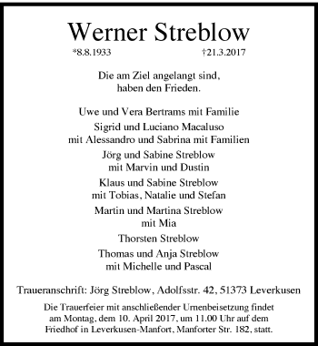 Anzeige von Werner Streblow von  Lokale Informationen 