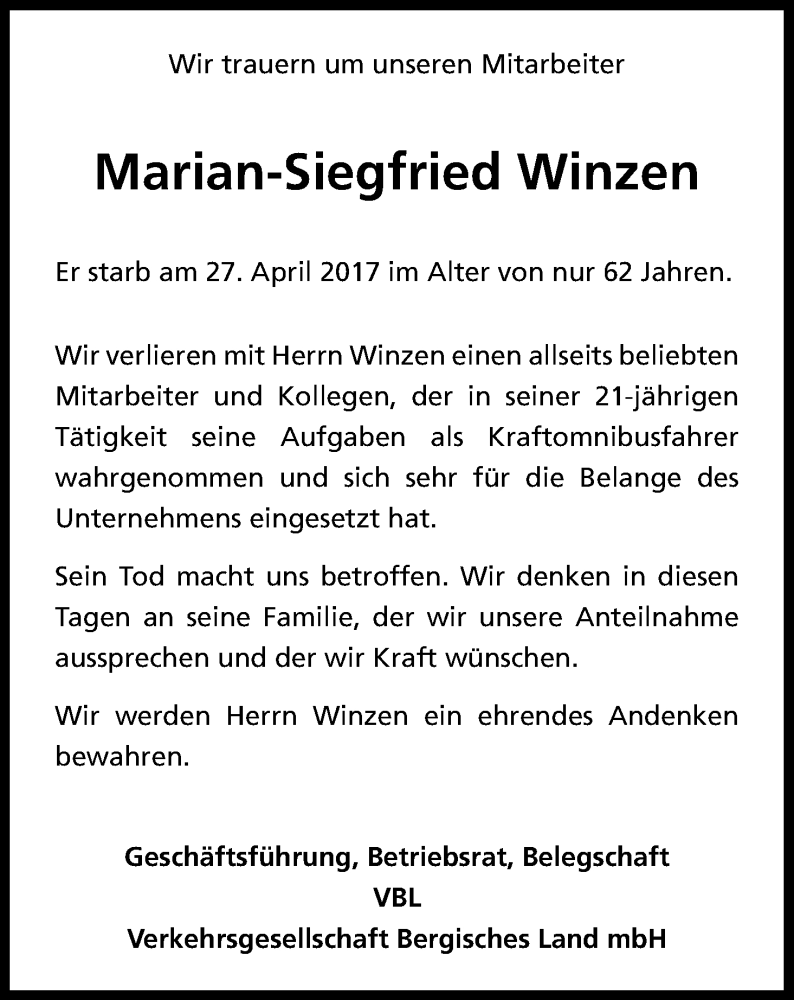  Traueranzeige für Marian-Siegfried Winzen vom 29.04.2017 aus Kölner Stadt-Anzeiger / Kölnische Rundschau / Express