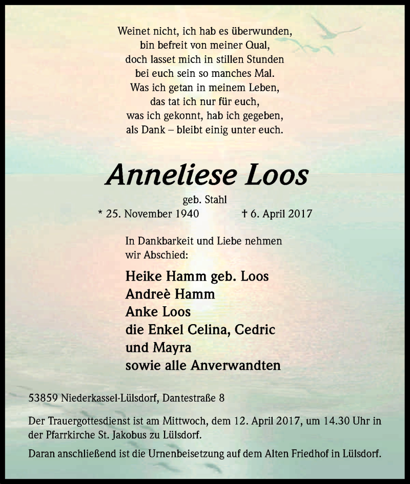  Traueranzeige für Anneliese Loos vom 08.04.2017 aus Kölner Stadt-Anzeiger / Kölnische Rundschau / Express
