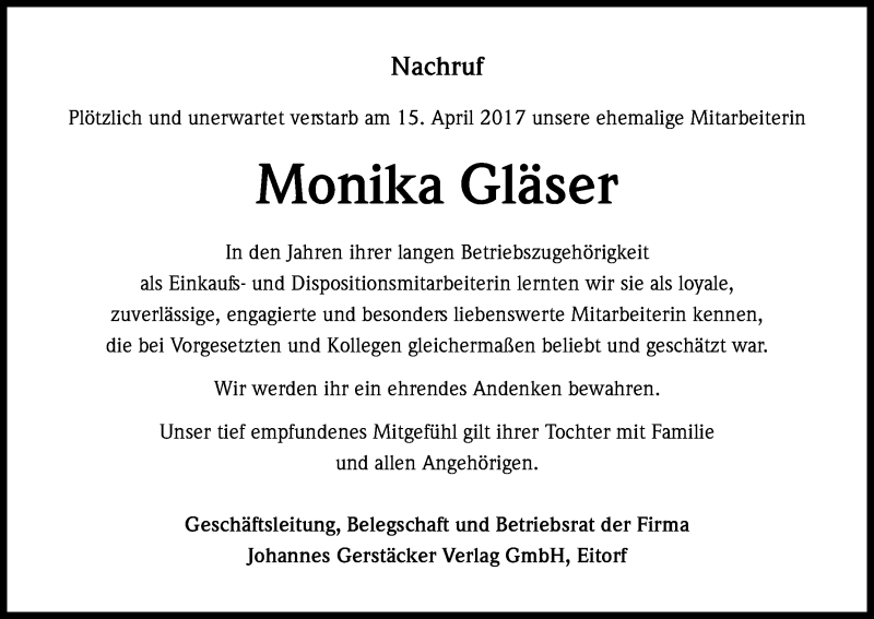  Traueranzeige für Monika Gläser vom 22.04.2017 aus Kölner Stadt-Anzeiger / Kölnische Rundschau / Express
