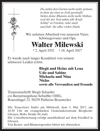 Anzeige von Walter Milewski von  Werbepost 