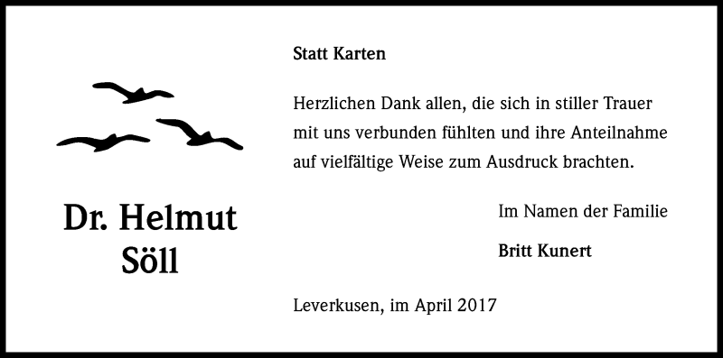  Traueranzeige für Helmut Söll vom 08.04.2017 aus Kölner Stadt-Anzeiger / Kölnische Rundschau / Express