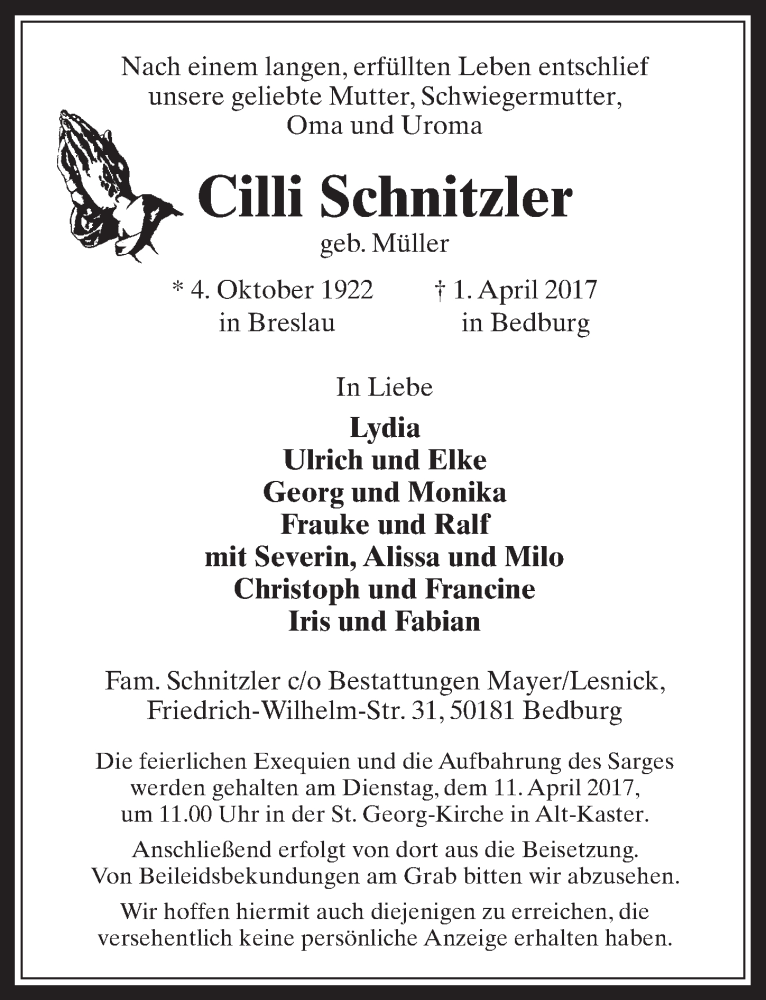  Traueranzeige für Cilli Schnitzler vom 05.04.2017 aus  Werbepost 