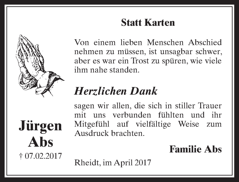  Traueranzeige für Jürgen Abs vom 26.04.2017 aus  Werbepost 