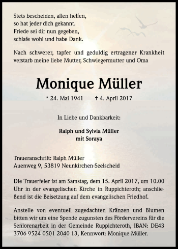 Anzeige von Monique Müller von Kölner Stadt-Anzeiger / Kölnische Rundschau / Express